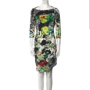 Roberto Cavalli Black Floral Long Sleeve Sheath Dress with Green Accents